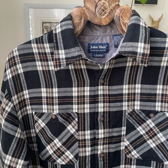John Blair Black Tan Plaid Button Shirt L - Picture 2 of 6